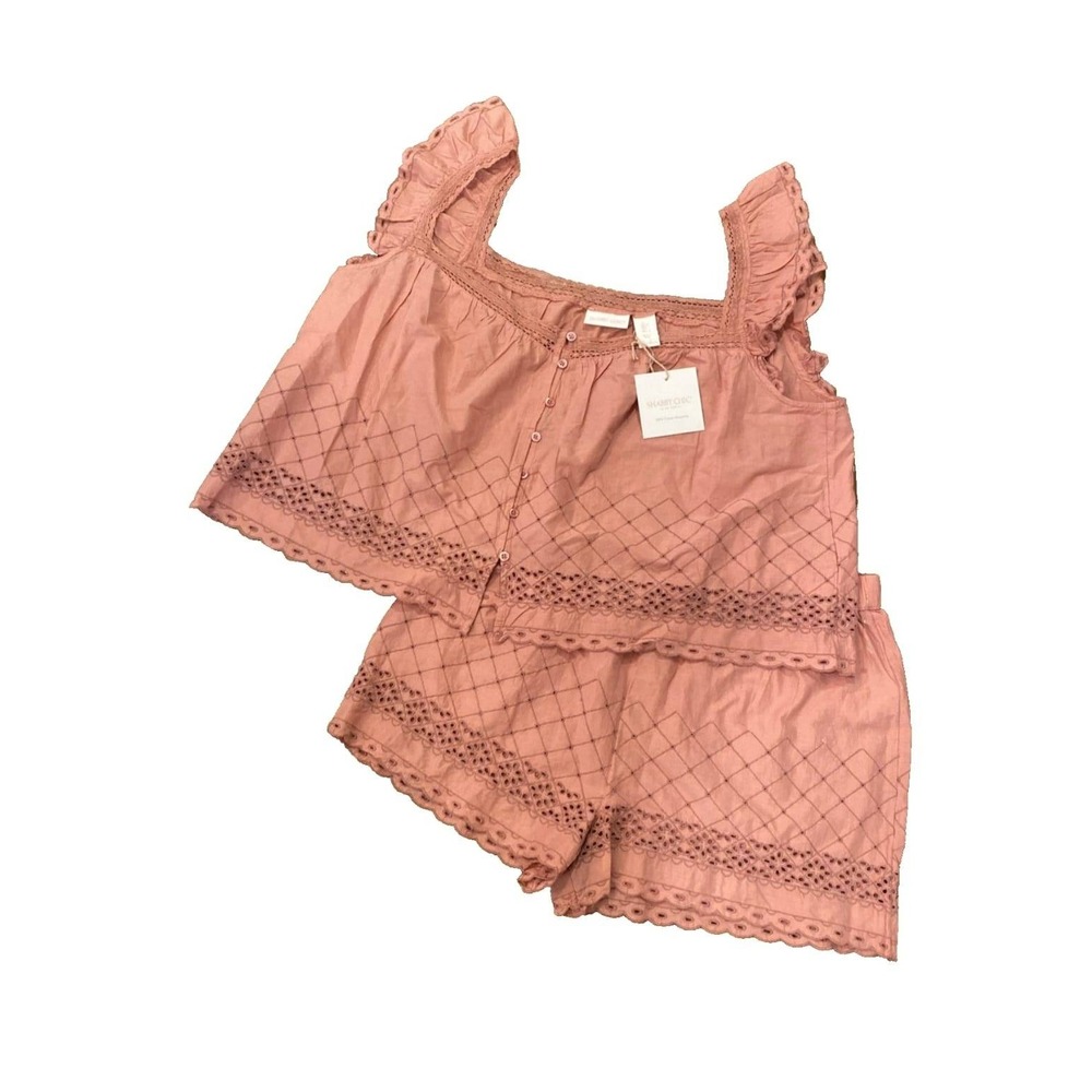 Shabby Chic Pajama Set Pink Square Neck Ruffle Sleeve Embroidered Cotton Size S